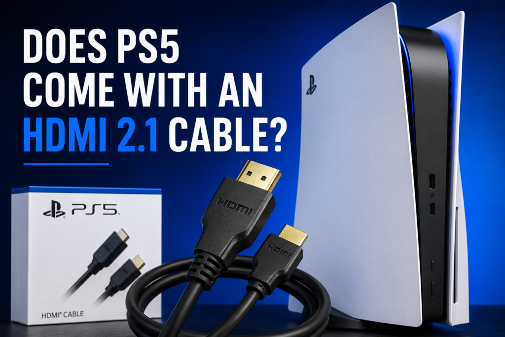 PS5 console with an HDMI cable showing whether the PS5 includes an HDMI 2.1 ca